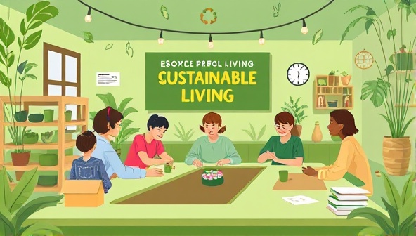 An eco-friendly digital illustration of a virtual sustainable living workshop, featuring participants learning about composting, recycling, and upcycling practices in a green-themed virtual environment, showcasing the educational and interactive nature of EcoVibe Living's workshops.