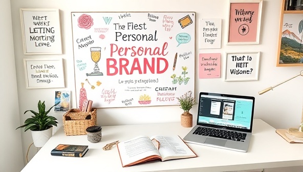 A cozy home office setup with a vision board showcasing personal brand aspirations, surrounded by inspirational quotes, a laptop with online branding resources, a journal for personal reflections, and a cup of coffee, creating a nurturing environment for personal branding coaching sessions.