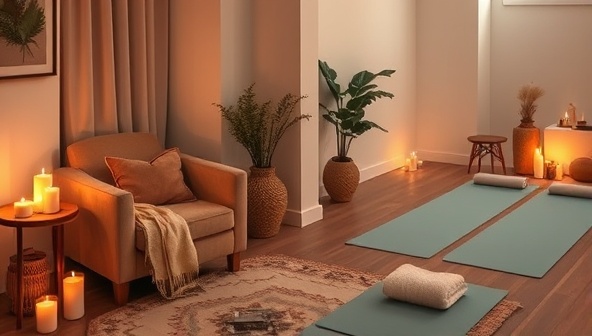 A tranquil setting featuring a cozy corner with a plush armchair, soft blankets, flickering candles, and a serene meditation space with yoga mats and calming decor elements, inviting viewers to immerse themselves in a peaceful wellness retreat within their own home with the Serenity Haven Box experience.
