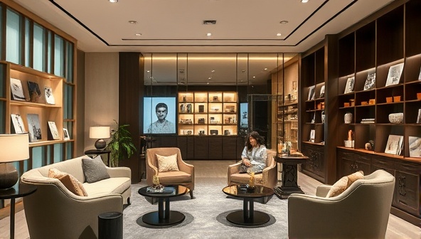 A sophisticated boutique interior with plush seating areas, elegant retirement planning displays, and advisors consulting with clients in a relaxed and comfortable setting, exuding a sense of financial security and tranquility for the future.