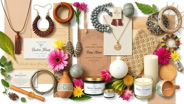 An artistic collage featuring various handmade products such as jewelry, ceramics, textiles, and candles, arranged in a visually appealing display with natural elements like flowers and leaves, evoking a sense of craftsmanship, creativity, and community.
