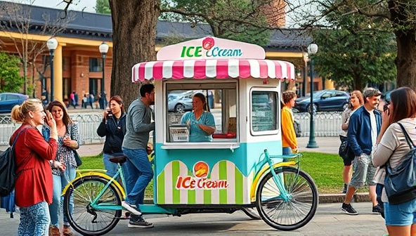 An inviting scene of a colorful ice cream bike parked in a bustling park, surrounded by happy customers enjoying scoops of artisanal ice cream in handmade waffle cones, exuding a joyful and festive atmosphere.