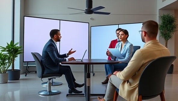 An online platform interface featuring a virtual mock interview setup with a professional coach providing feedback to a candidate, creating a dynamic and interactive learning environment.