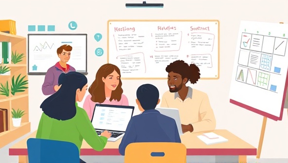 A digital illustration of a virtual study session with a diverse group of college students and tutors collaborating on academic subjects using laptops and digital whiteboards, depicting a supportive and interactive learning environment.