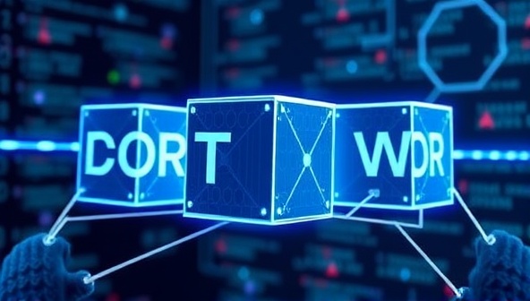 An innovative and futuristic visualization of digital contract blocks being securely linked together in a blockchain network, symbolizing the trust and transparency offered by BlockWeb Contracts in web design agreements, with a backdrop of digital code and design elements for a tech-savvy aesthetic.