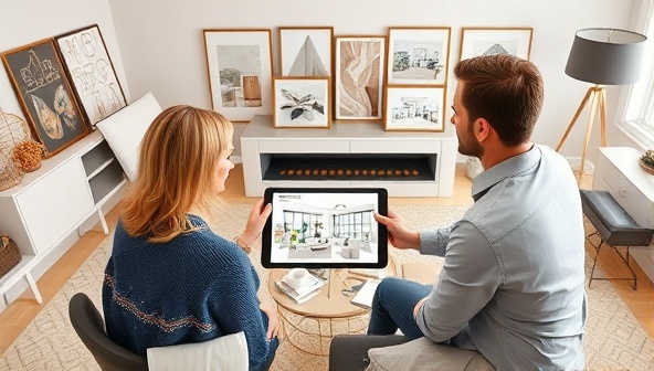 A modern digital rendering of a virtual interior design consultation session, with an interior designer showcasing design concepts on a tablet screen to a homeowner, surrounded by mood boards, fabric swatches, and furniture samples, creating a collaborative and visually appealing design process.