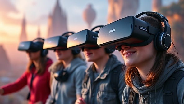An exciting image of a group of people wearing VR headsets, immersed in a virtual game environment filled with futuristic landscapes and challenges, capturing the thrill and adventure of VR gaming experiences.
