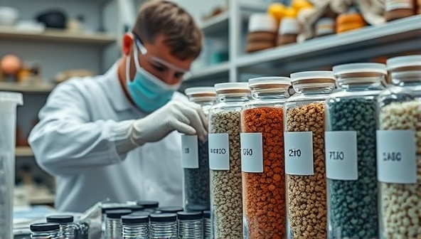An image of a technician in a lab setting, carefully extracting minerals from electronic waste, with rows of neatly labeled containers filled with various minerals in the background, showcasing the eco-friendly and innovative process of mineral recycling.