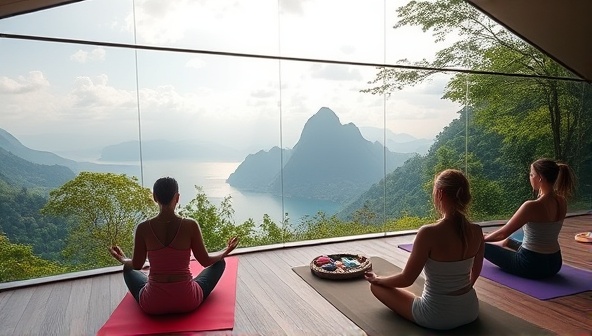 An immersive virtual wellness retreat scene featuring serene nature landscapes, virtual yoga instructors leading sessions, and participants engaging in meditation practices, creating a tranquil and rejuvenating atmosphere synonymous with the virtual wellness retreats offered by Serenity Escapes.