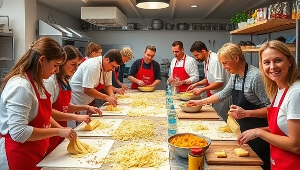 A lively pasta workshop setting with participants kneading dough, shaping pasta, and enjoying a communal cooking experience under the guidance of chefs, surrounded by colorful ingredients and cooking tools, capturing the essence of culinary creativity and teamwork.