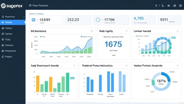 A digital dashboard displaying real-time procurement data, bid submissions, and contract awards, with graphs and charts illustrating procurement trends and vendor performance, promoting transparency and accountability.