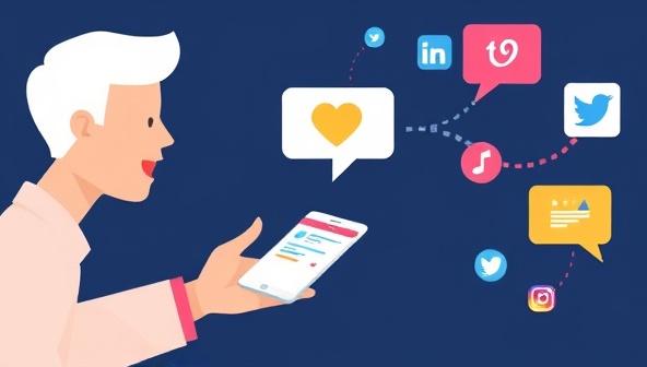 An illustration of a person dictating social media posts to a virtual assistant, with colorful speech bubbles and social media icons floating around, symbolizing the seamless integration of voice commands in social media scheduling with VoicePost.