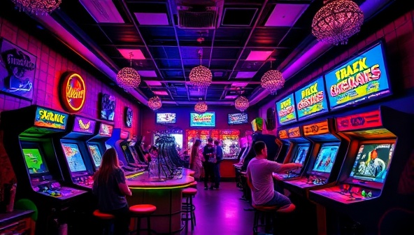 An inviting image of the RetroRave Arcade Lounge showcasing a vibrant and colorful retro gaming setup with classic arcade cabinets, neon lights, a bustling bar area serving themed cocktails, and customers socializing and playing games in a lively and nostalgic atmosphere, capturing the essence of the retro arcade bar & lounge experience.