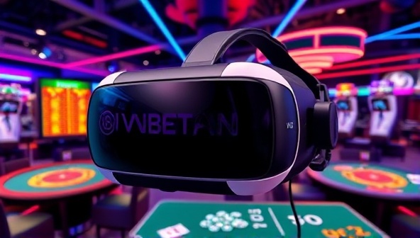 An immersive VR headset displaying a virtual casino environment with colorful game tables, virtual chips, and animated players, capturing the excitement and realism of the VR betting experience.