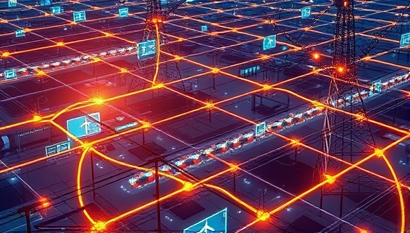 An illustrative representation showing a network of interconnected smart grids managing energy flow efficiently, with data visualizations, renewable energy sources, and digital controls, symbolizing the future of sustainable and intelligent grid management powered by GridWise Solutions.