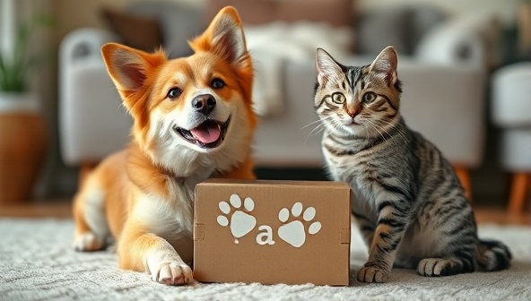 An adorable dog and cat duo joyfully unboxing their Paws & Play Box filled with an assortment of treats and toys, wagging tails and purrs of excitement, surrounded by colorful packaging and playful pet accessories, capturing a moment of pure pet joy and contentment.