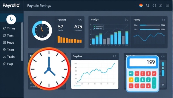 An illustrative image of a dashboard displaying payroll statistics and graphs, with a clock symbolizing time savings and a calculator representing accurate payroll calculations, highlighting the efficiency and convenience of PayrollPro Outsource.