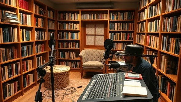 A recording studio setup with professional microphones, soundproof panels, and a mixing console, surrounded by bookshelves filled with literary classics and a cozy reading nook, exuding a creative and immersive atmosphere for podcast production and storytelling exploration.