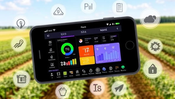 A smartphone displaying the FarmTech Manager app interface with colorful charts, weather updates, and crop monitoring tools, surrounded by a farm landscape and digital icons representing agricultural tasks, illustrating the convenience and efficiency of farm management through technology.