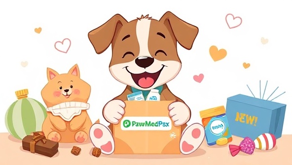 An adorable illustration of a pet happily receiving its medication delivery package, surrounded by pet toys and treats, conveying the joy and convenience provided by PawsMeds Express for pet owners seeking online medication delivery services.