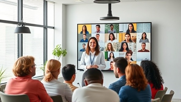 A virtual diversity training session with a consultant facilitating a group discussion on inclusion strategies on a digital platform, surrounded by diverse participants from different backgrounds engaged in the conversation, promoting diversity and collaboration in the workplace.