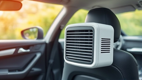 An image of a clean, fresh-smelling car interior with a focus on a specialized air purifier device installed, demonstrating a healthy and purified environment inside the vehicle.
