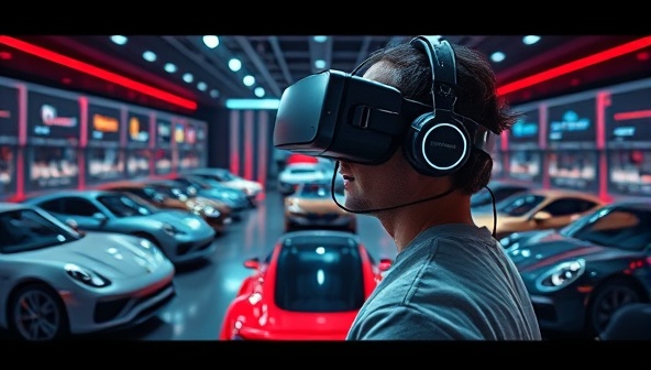 An immersive VR scene showcasing a user wearing a headset, interacting with a virtual car customization interface, surrounded by a variety of car models and customization options, creating a futuristic and engaging experience.