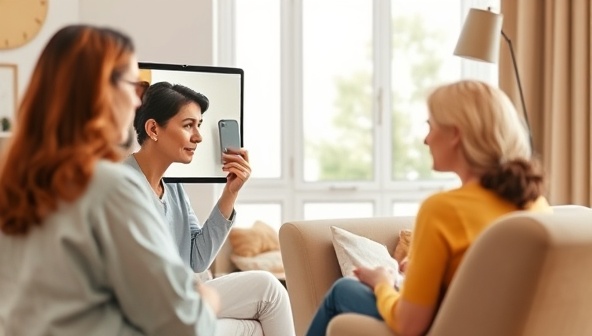 An emotionally supportive visual of a virtual therapy session, with a therapist providing compassionate guidance and support through a video call, while the client engages in self-reflection and emotional wellness activities, showcasing the platform's empathetic and professional mental health services.