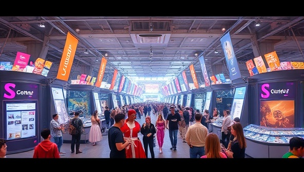 An immersive digital environment resembling a bustling cosplay convention hall filled with colorful costumes, interactive booths, and virtual stages, capturing the essence and excitement of a physical cosplay event in a virtual space.
