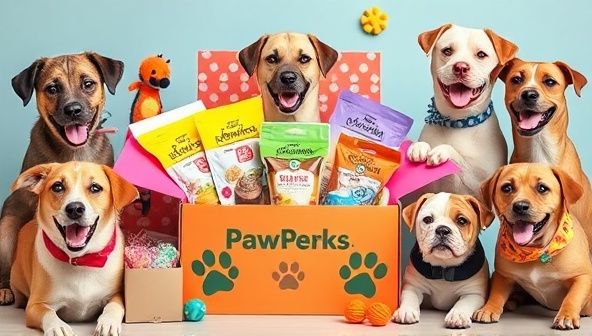 A vibrant and playful pet subscription box filled with colorful toys, tasty treats, grooming essentials, and personalized accessories, surrounded by happy pets enjoying their PawPerks surprises, conveying joy and excitement in pet ownership.