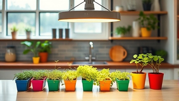 A vibrant and modern kitchen countertop filled with colorful microgreen pots under a hanging indoor gardening light, illustrating a stylish and sustainable urban gardening setup.