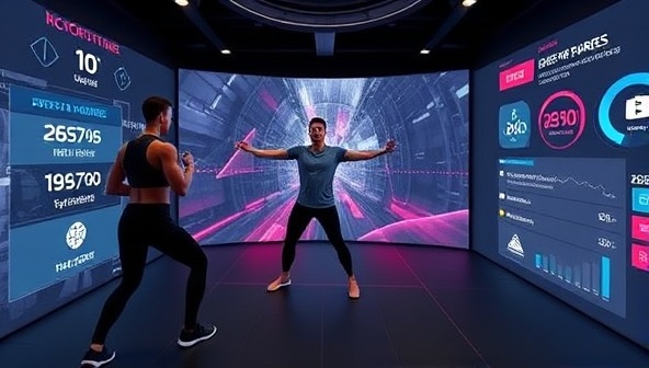 An immersive virtual workout scene with a trainer guiding users through a dynamic exercise routine, accompanied by motivational cues and progress tracking metrics, showcasing the interactive and engaging fitness experience provided by FitSphere.
