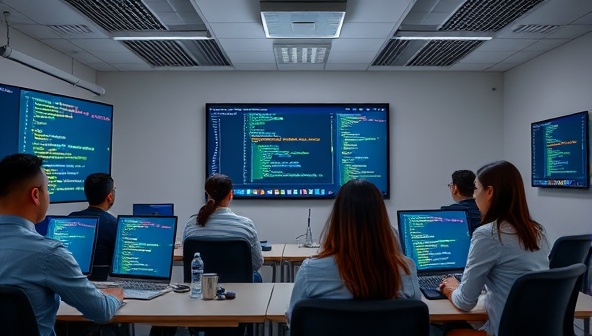 A virtual classroom environment with digital skills trainers leading an interactive coding workshop, displaying lines of code on screens, digital tutorials, and collaborative coding tools, fostering a dynamic and engaging learning atmosphere for digital skills acquisition and career growth.