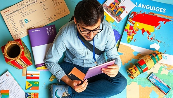 An engaging image of a traveler immersed in a language lesson on a digital device, surrounded by vibrant language study materials and cultural artifacts from different countries, symbolizing the excitement and diversity of learning languages while traveling.