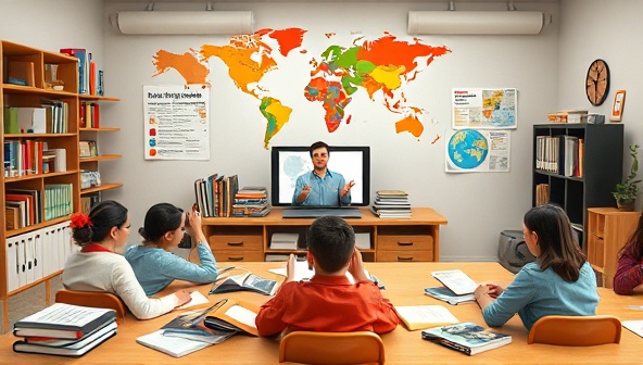 A vibrant virtual language classroom scene with a language coach conducting an interactive lesson with diverse language learners on a digital platform, surrounded by language textbooks, cultural artifacts, and world maps, fostering language learning and cultural exchange in a dynamic setting.