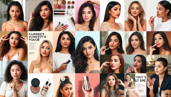 A visually dynamic collage showcasing diverse beauty influencers and content creators from the ambassador network, each creating unique beauty content, showcasing different beauty products, and engaging with their audience across various social media platforms, capturing the essence of collaboration and community in the beauty industry.