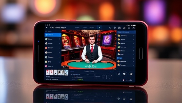 A mobile device displaying a live casino stream with a professional dealer hosting a game, surrounded by interactive chat features, player statistics, and real-time betting options, capturing the excitement and authenticity of mobile live casino gaming in a dynamic streaming environment.