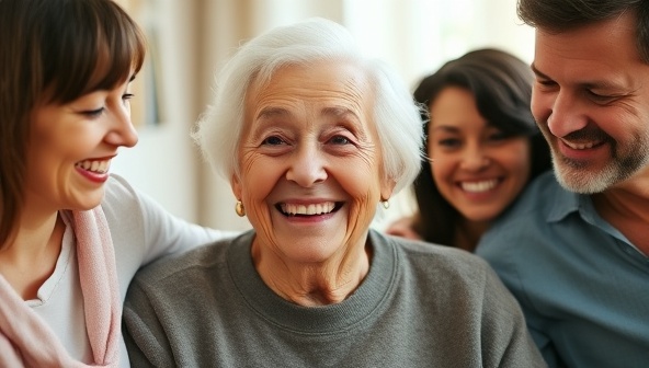 A heartwarming image of an elderly individual smiling while wearing a discreet wearable device, surrounded by family members monitoring their health and well-being through the ElderGuardian Tech system, emphasizing care, safety, and peace of mind.