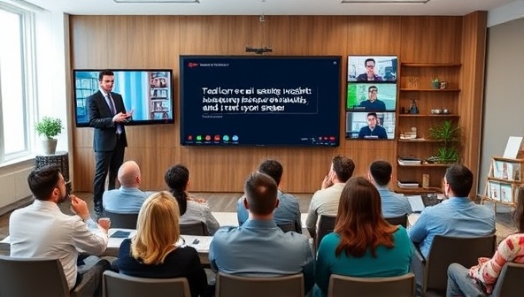 An engaging virtual workshop setup featuring a professional presenter delivering real estate investment insights and strategies to a diverse online audience, symbolizing knowledge sharing and educational empowerment at InvestWise Seminars.