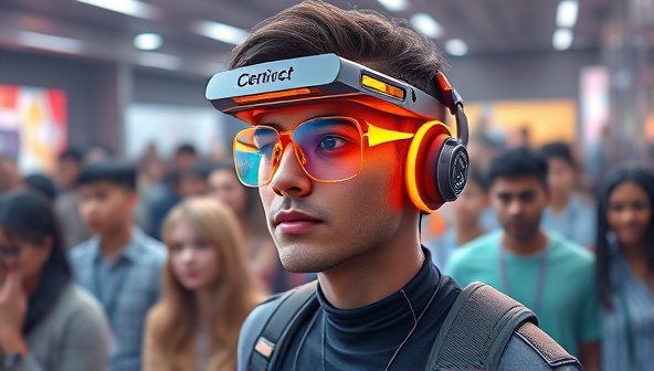 An artistic rendering of a virtual influencer with futuristic digital features, interacting with a diverse audience in a virtual world, symbolizing the blend of technology and marketing influence.