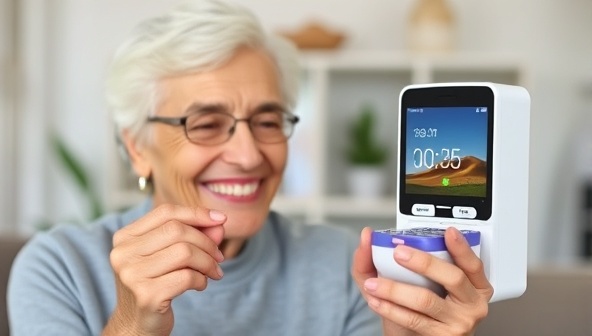 An elderly person smiling while effortlessly managing their medication with a smart pill dispenser, showcasing ease and peace of mind.