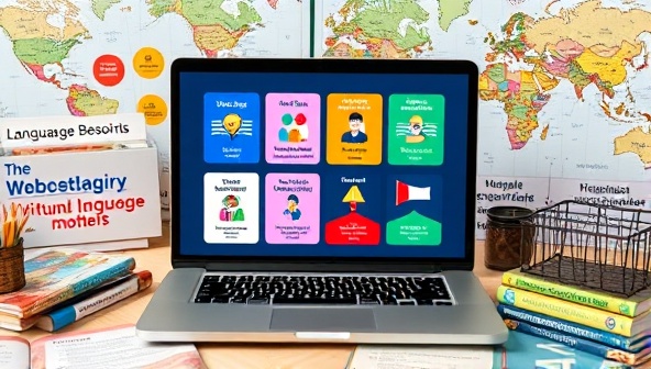 A laptop screen split into language learning modules with colorful vocabulary cards, interactive quizzes, and virtual language exchange sessions, surrounded by language textbooks, cultural artifacts, and a world map, fostering a dynamic and immersive language learning experience.