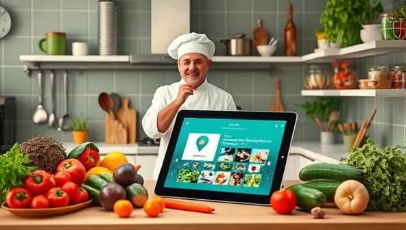A vibrant kitchen setting with a chef conducting a virtual cooking class, surrounded by colorful fresh ingredients, cooking utensils, and a tablet displaying the CulinaryJourney platform, creating an immersive and interactive culinary learning environment that inspires creativity and gastronomic delights.