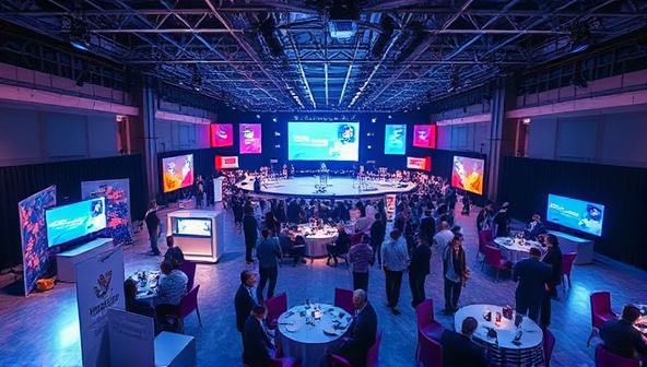An immersive virtual event space visualization with digital stages, interactive booths, and networking lounges, showcasing the potential of EventSphere to create dynamic and engaging online events for various industries and audiences.