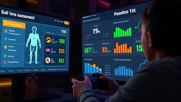 An engaging visual of a gamer taking a skill assessment test on a digital screen, with real-time performance indicators and progress metrics displayed, showcasing the interactive and data-driven approach of GameIQ Assess in evaluating gaming skills and abilities.