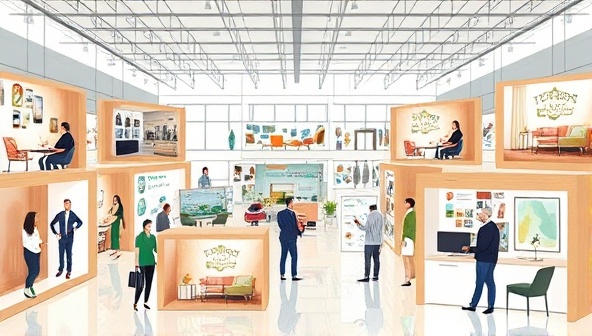 An artistic digital illustration of a virtual design marketplace, featuring a diverse group of interior designers showcasing their design portfolios and interacting with clients through virtual consultations and project presentations, highlighting the creativity and collaboration within the design community.