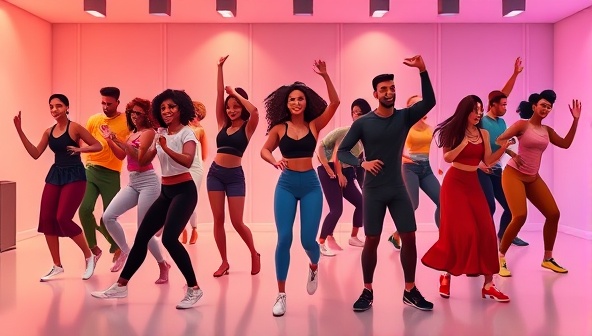 An animated image of a diverse group of individuals dancing enthusiastically in a virtual class setting, displaying energy, diversity, and a sense of community within Rhythmic Moves Online's dance fitness platform.