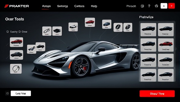 An interactive website interface displaying a sleek sports car with customizable options floating around it, inviting users to experiment with different styles and features.