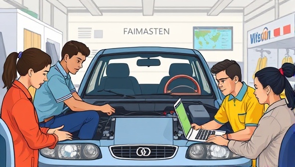 An educational digital illustration featuring a diverse group of individuals engaging in hands-on car maintenance tasks with virtual guidance from FixMaster Academy's online platform, highlighting the interactive and practical nature of the training portal's courses.