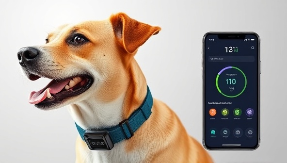 An innovative and sleek wearable device designed for pets, shown on a happy dog's collar, with a mobile app interface displaying real-time health data, conveying a sense of advanced technology and pet care convenience.